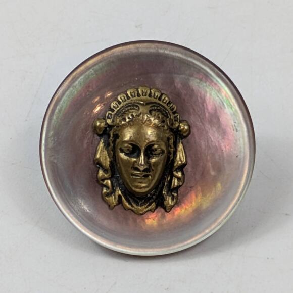 Antique Iridescent Shell Button W/ Brass Womans Bust 1.25" Victorian Era - Picture 1 of 3